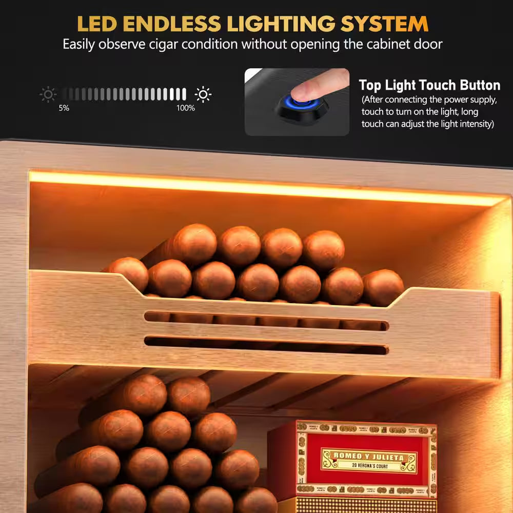 11 In. X 9.72 In. X 15.8 In. Black Desktop Cigar Humidor Cabinet Light Control System, with Spanish Cedar Wood Shelves