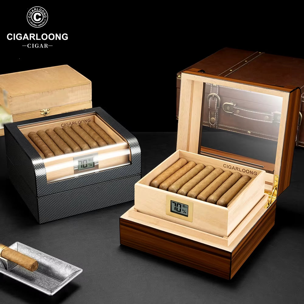 CIGARLOONG Premium Large Capacity Cigar Humidor Desktop Cedar Wood Cigar Cabinet with Drawer Glass Top Cigar Storage Box