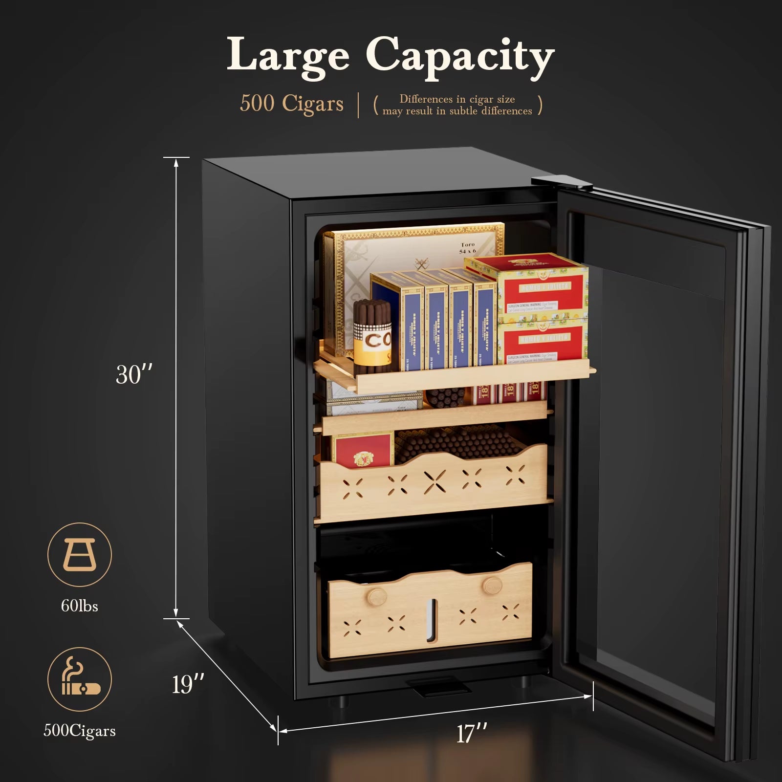 65L Electric Cigar Humidor 500 Counts Cigar Large Capacity Intelligent Temperature & Humidity Control Spanish Cedar Wood Drawer