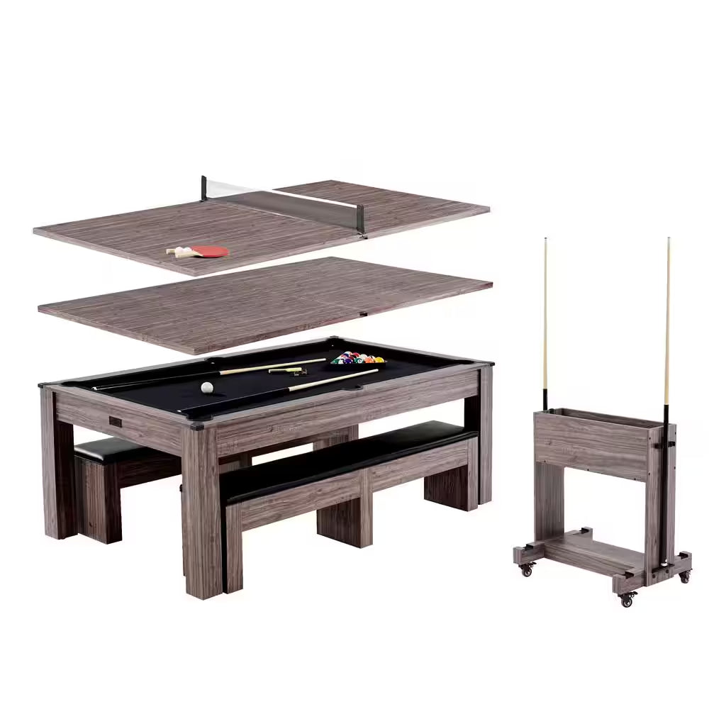 Monteray 7' Drop Pocket Pool Table Brown, 3-In-1 Dining Top and Table Tennis with Game Accessories