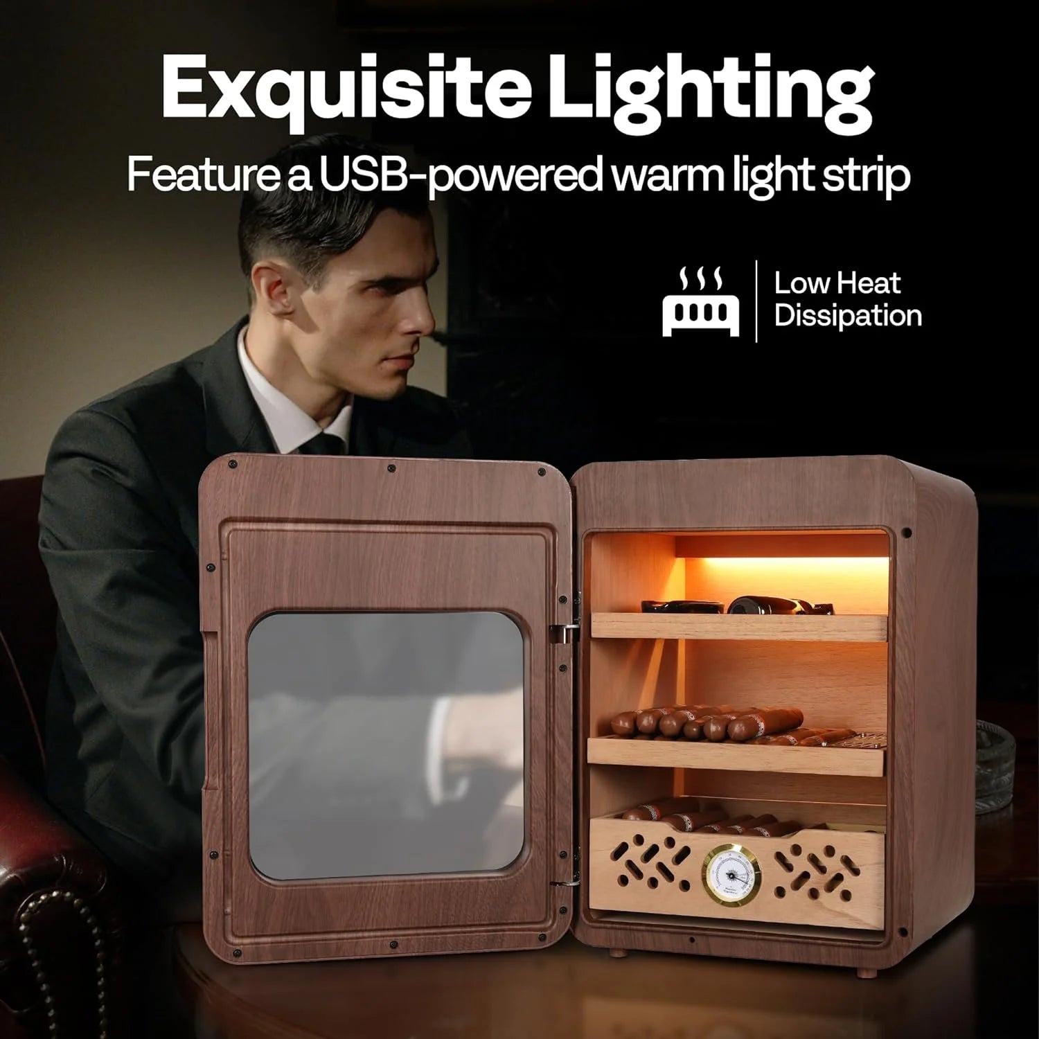 21L Cigar Humidor Box, Desktop Cigar Humidor Cabinet with Light for 200 Cigars, Spanish Cedar Wood Inner Shelves and Drawer, Accurate Hygrometer, Humidifier, Father'S Day Gift for Men Brown