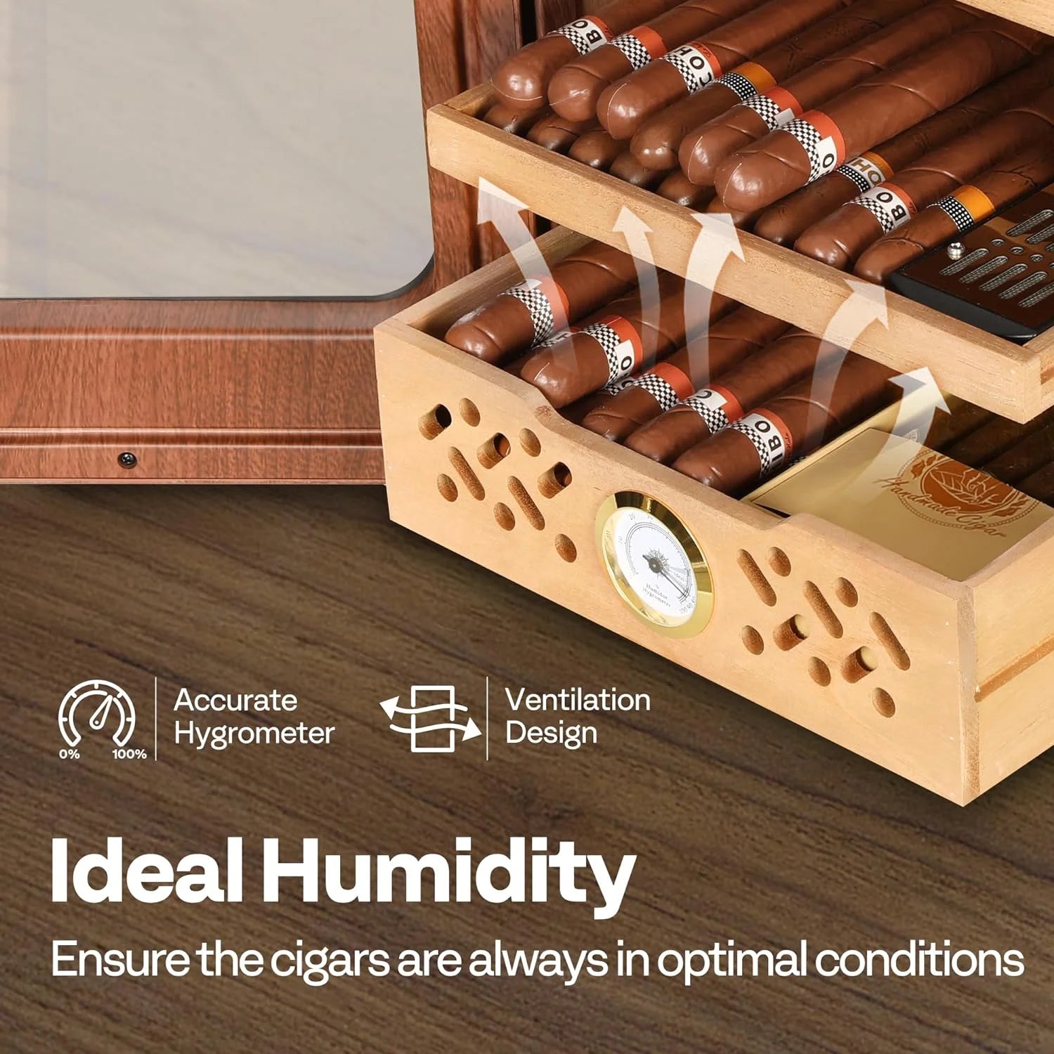 21L Cigar Humidor Box, Desktop Cigar Humidor Cabinet with Light for 200 Cigars, Spanish Cedar Wood Inner Shelves and Drawer, Accurate Hygrometer, Humidifier, Father'S Day Gift for Men Brown
