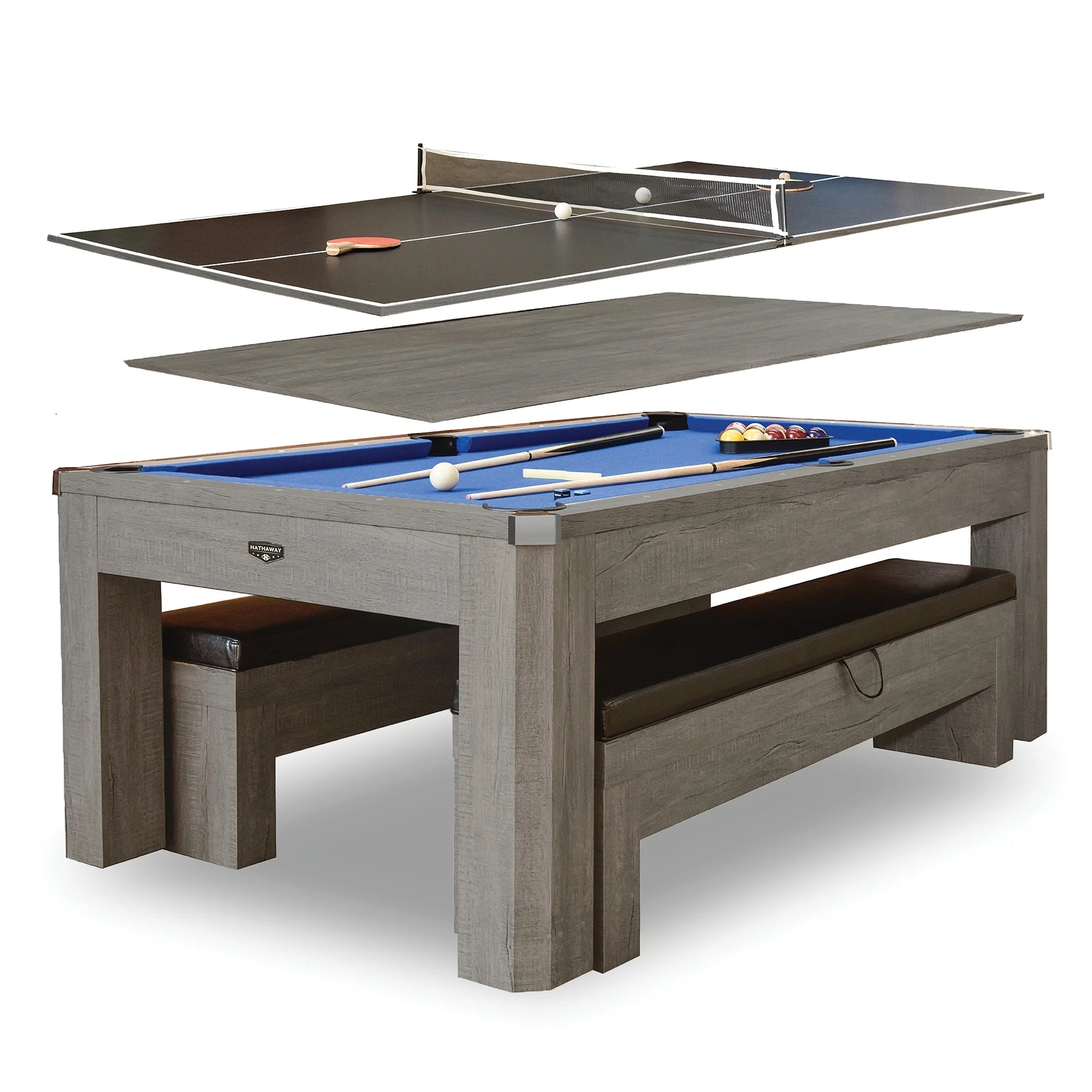 Newport 7-Ft Pool Table Combo Set with Benches - Rustic Gray Finish