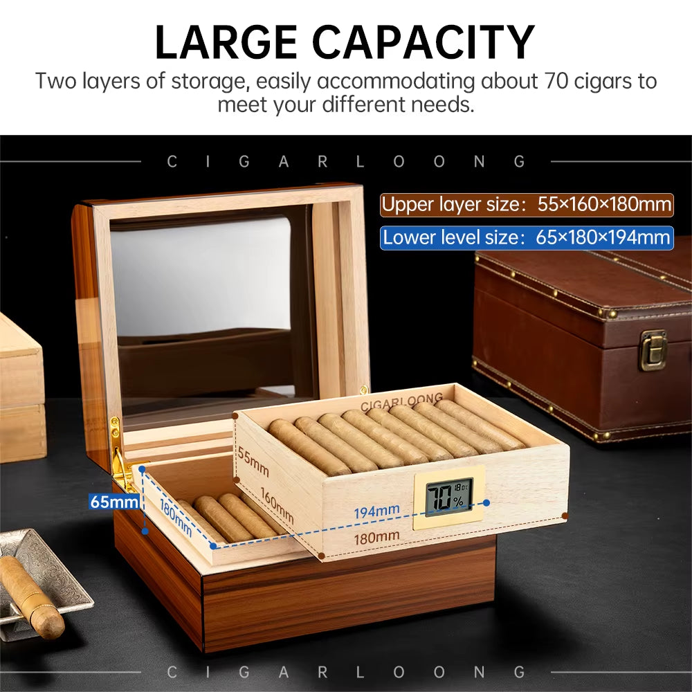 CIGARLOONG Premium Large Capacity Cigar Humidor Desktop Cedar Wood Cigar Cabinet with Drawer Glass Top Cigar Storage Box