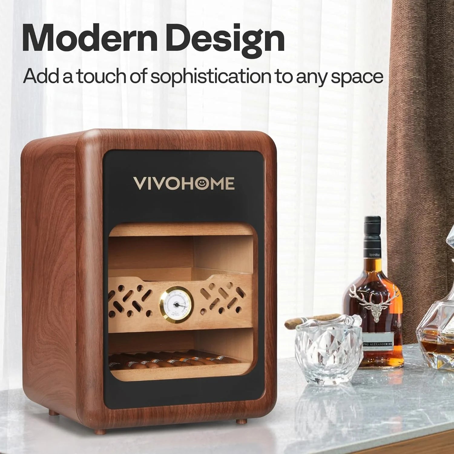 21L Cigar Humidor Box, Desktop Cigar Humidor Cabinet with Light for 200 Cigars, Spanish Cedar Wood Inner Shelves and Drawer, Accurate Hygrometer, Humidifier, Father'S Day Gift for Men Brown