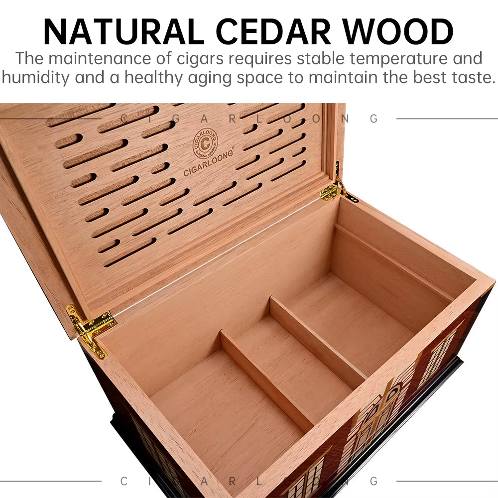 Luxury Cigar Humidor Cedar Wood Multi-Zone Storage with Hygrograph Humidifier Metal Hinge Case