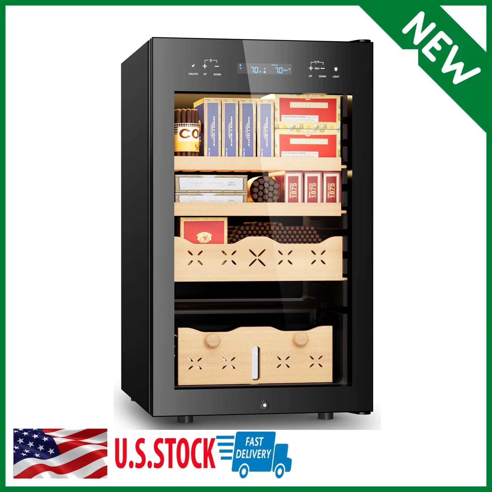 65L Electric Cigar Humidor 500 Counts Cigar Large Capacity Intelligent Temperature & Humidity Control Spanish Cedar Wood Drawer