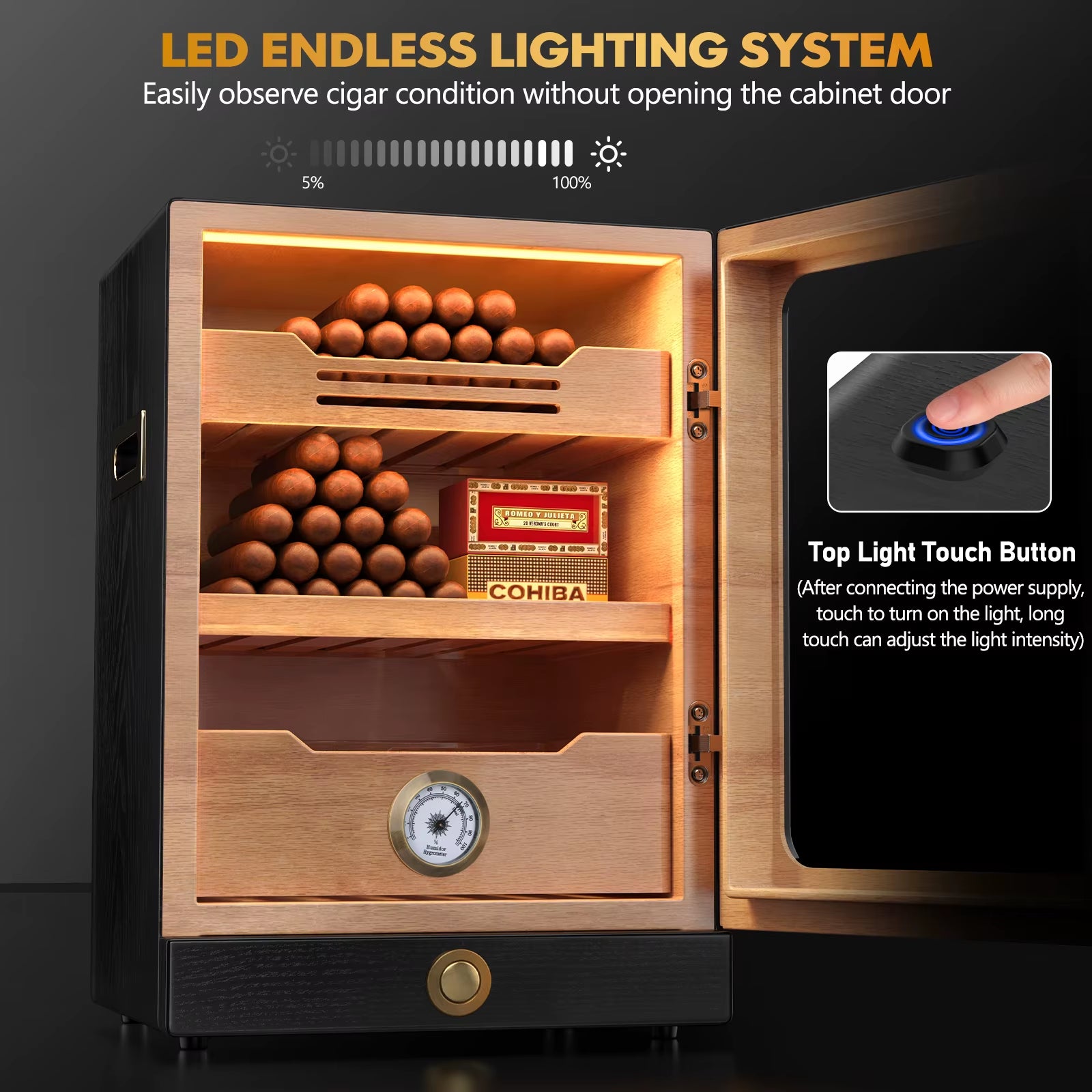 Desktop Cigar Humidor Cabinet, Light Control, Cedar Wood Shelves, Hygrometer, Humidifiers, Cigar Accessories Drawer