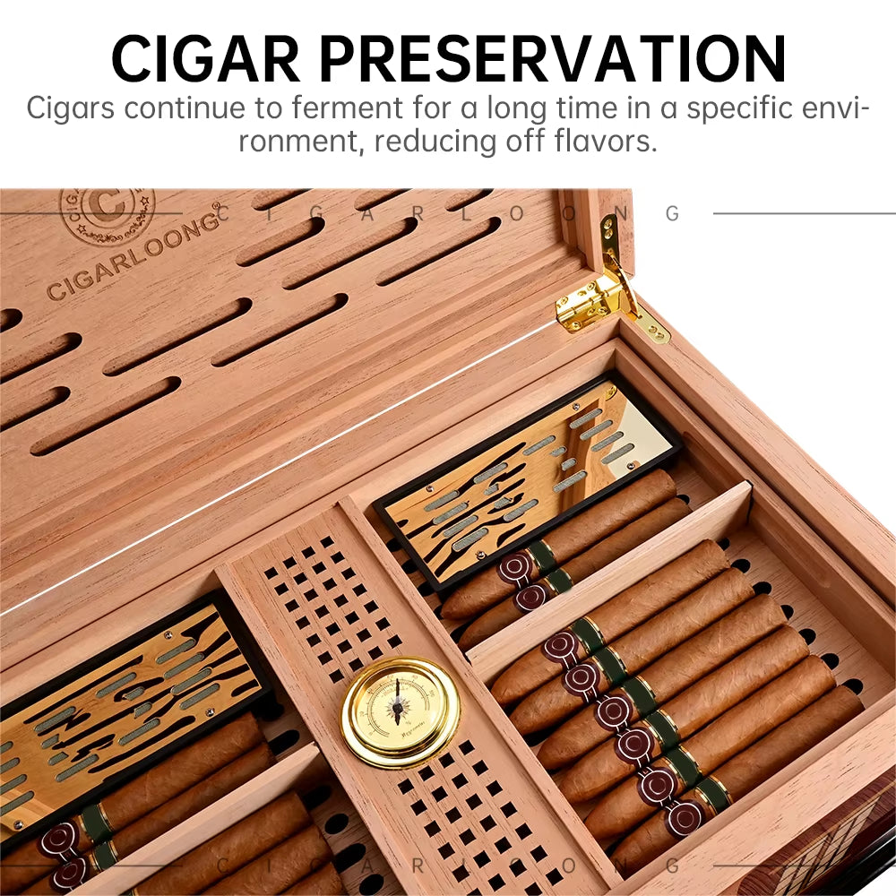 Luxury Cigar Humidor Cedar Wood Multi-Zone Storage with Hygrograph Humidifier Metal Hinge Case