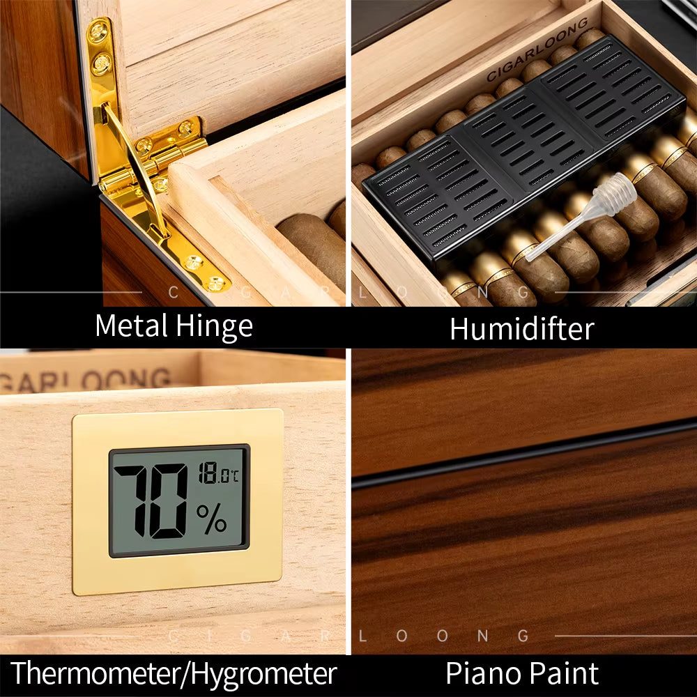CIGARLOONG Premium Large Capacity Cigar Humidor Desktop Cedar Wood Cigar Cabinet with Drawer Glass Top Cigar Storage Box