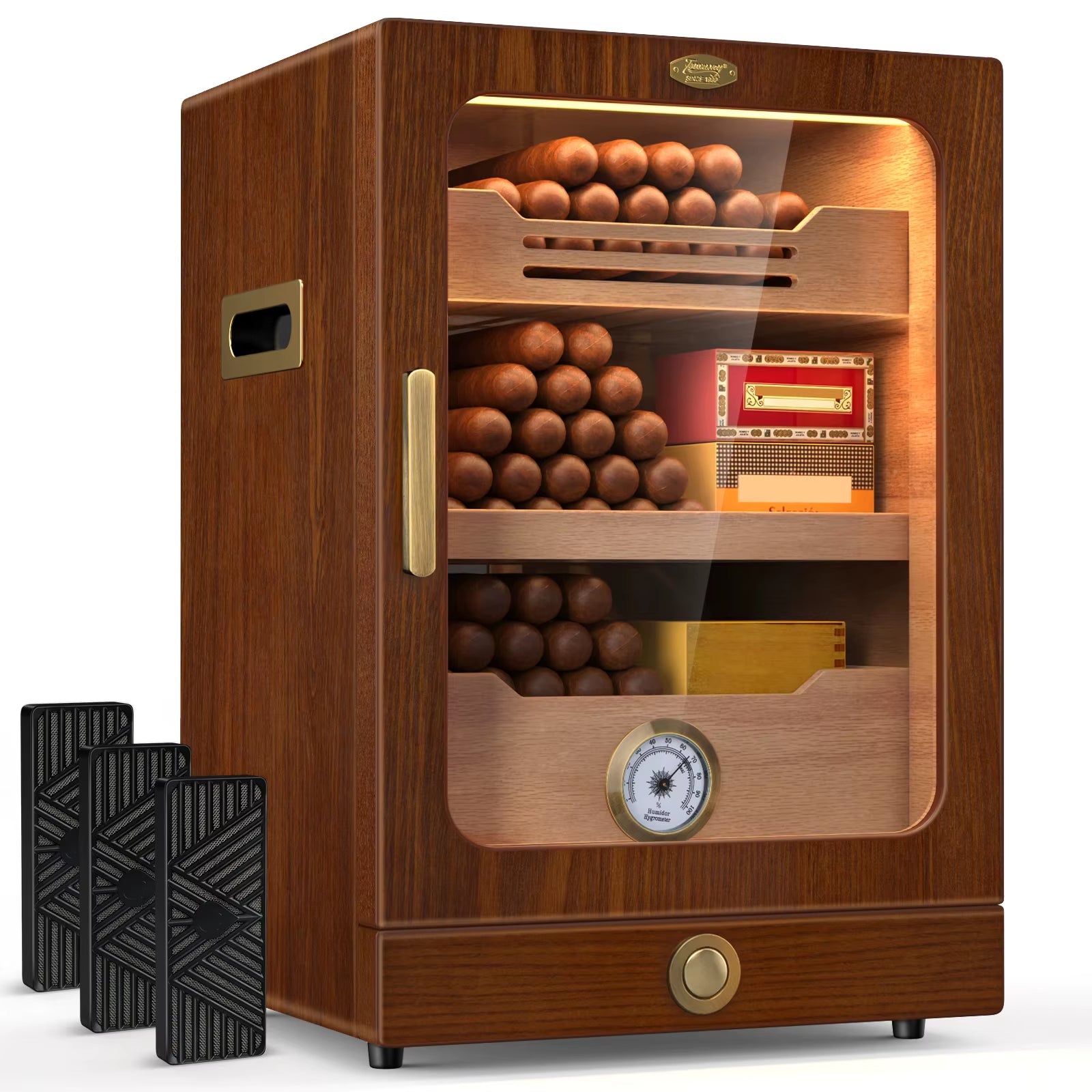 Desktop Cigar Humidor Cabinet, Light Control, Cedar Wood Shelves, Hygrometer, Humidifiers, Cigar Accessories Drawer