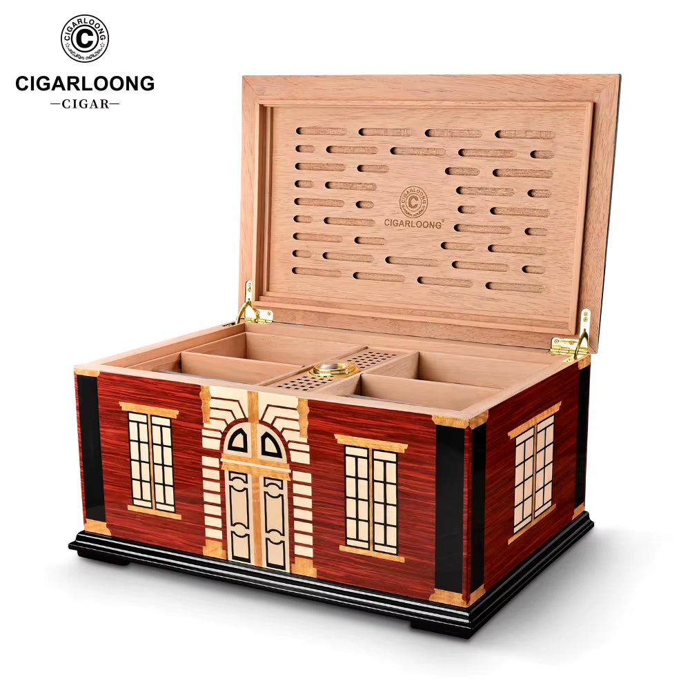 Luxury Cigar Humidor Cedar Wood Multi-Zone Storage with Hygrograph Humidifier Metal Hinge Case