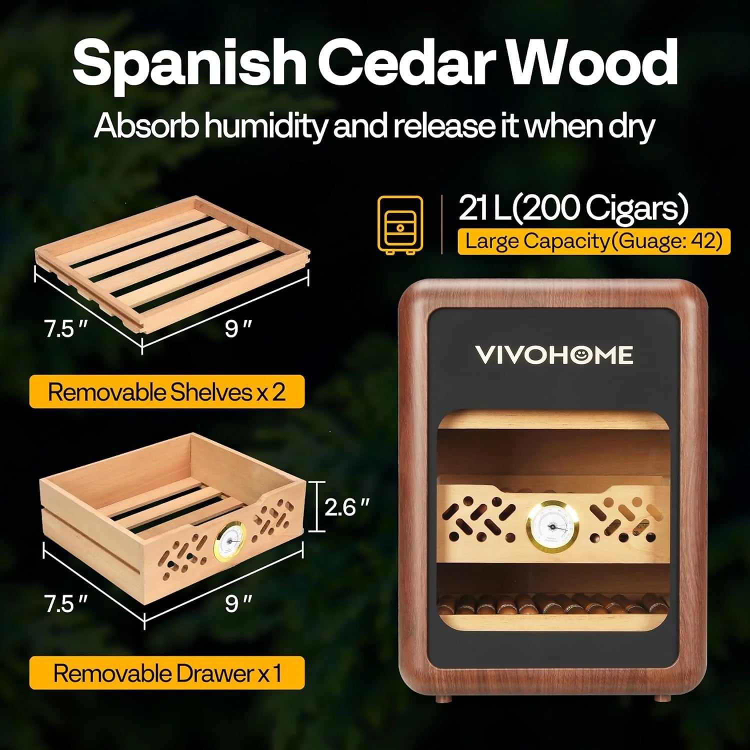 21L Cigar Humidor Box, Desktop Cigar Humidor Cabinet with Light for 200 Cigars, Spanish Cedar Wood Inner Shelves and Drawer, Accurate Hygrometer, Humidifier, Father'S Day Gift for Men Brown