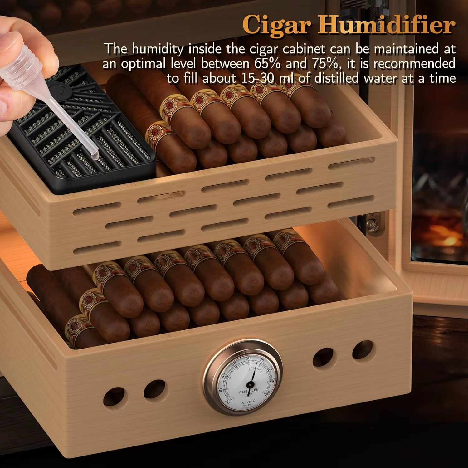 Cigar Humidor, Lighted Control Magnetic Door, with Cigar Accessory Drawer and 2 Humidifiers 3 Layer Large Capacity Storage