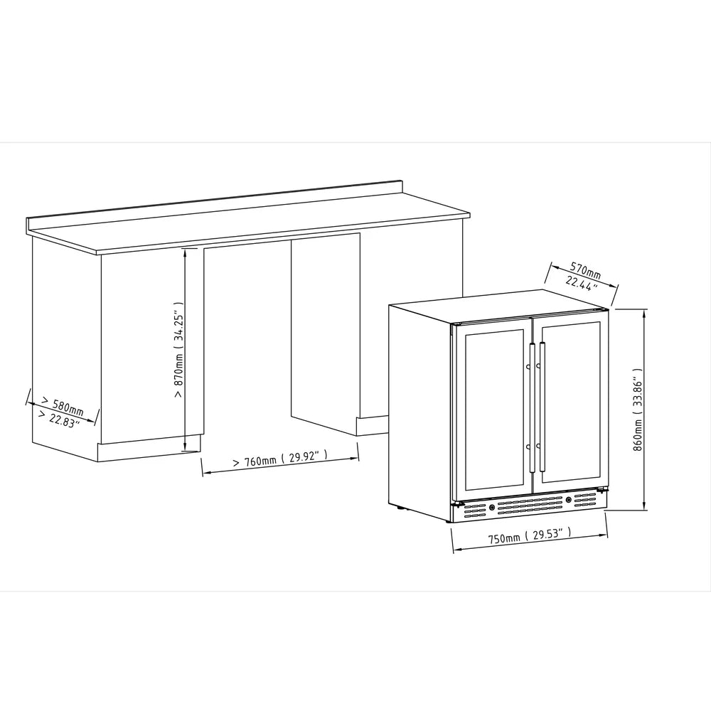 KingsBottle 30-Inch Under-Counter Low-E Glass Door Dual Zone Wine Cooler (Model: KBU165W2)