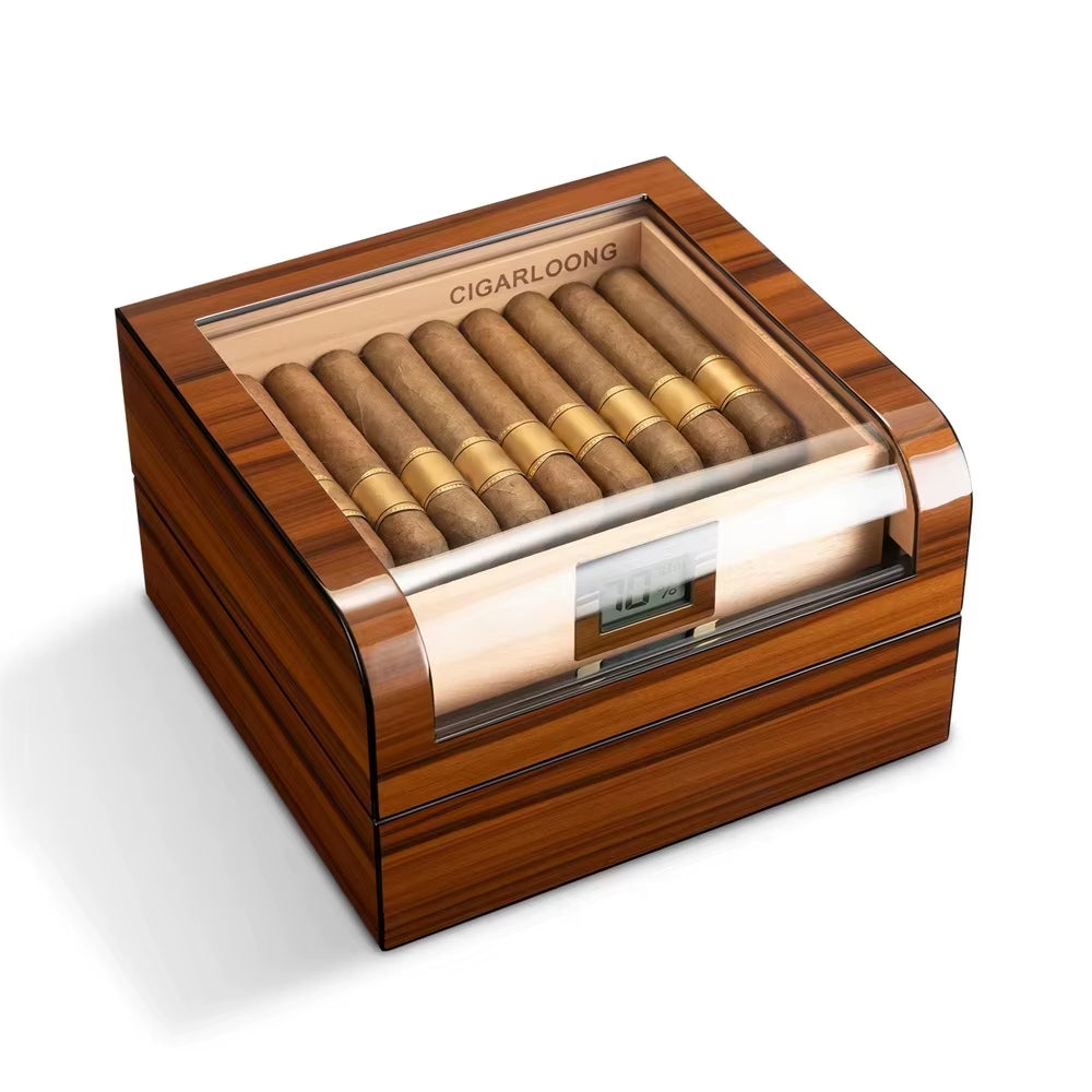 CIGARLOONG Premium Large Capacity Cigar Humidor Desktop Cedar Wood Cigar Cabinet with Drawer Glass Top Cigar Storage Box