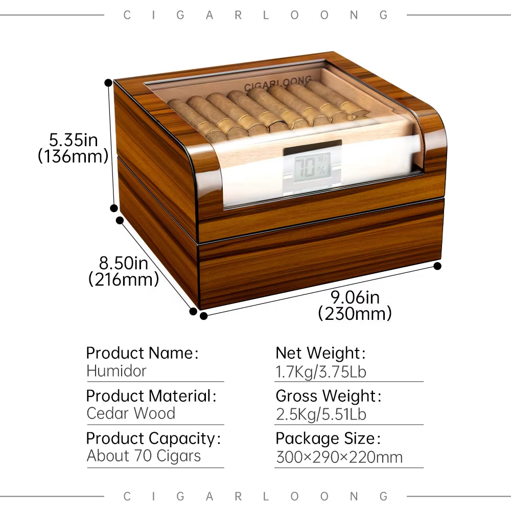 CIGARLOONG Premium Large Capacity Cigar Humidor Desktop Cedar Wood Cigar Cabinet with Drawer Glass Top Cigar Storage Box